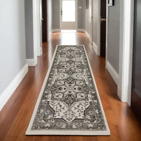 8' Ivory And Gray Medallion Runner Rug With Fringe