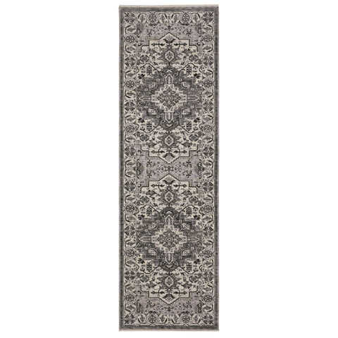 8' Gray And Ivory Medallion Runner Rug With Fringe