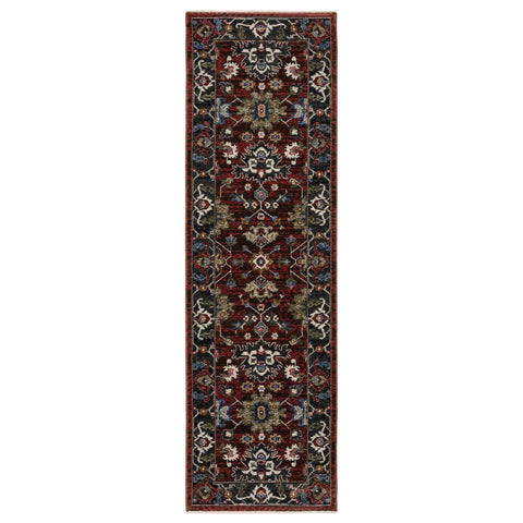 8' Red Tan And Black Oriental Runner Rug With Fringe
