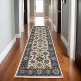 8' Blue And Ivory Floral Runner Rug With Fringe