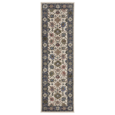 8' Blue And Ivory Floral Runner Rug With Fringe