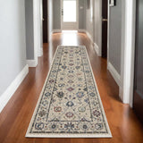 8' Ivory Tan And Blue Floral Runner Rug With Fringe