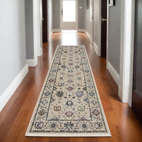 8' Ivory Tan And Blue Floral Runner Rug With Fringe