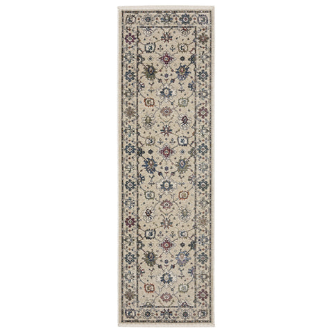 8' Ivory Tan And Blue Floral Runner Rug With Fringe
