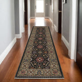 8' Charcoal And Pink Oriental Runner Rug With Fringe
