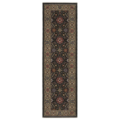 8' Charcoal And Pink Oriental Runner Rug With Fringe