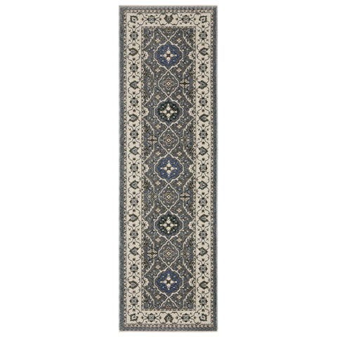 8' Blue And Gray Oriental Runner Rug With Fringe
