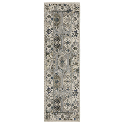 8' Ivory And Blue Oriental Runner Rug With Fringe