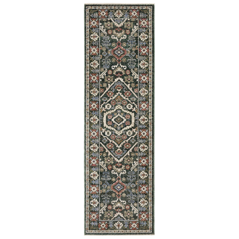 8' Green And Pink Floral Runner Rug With Fringe