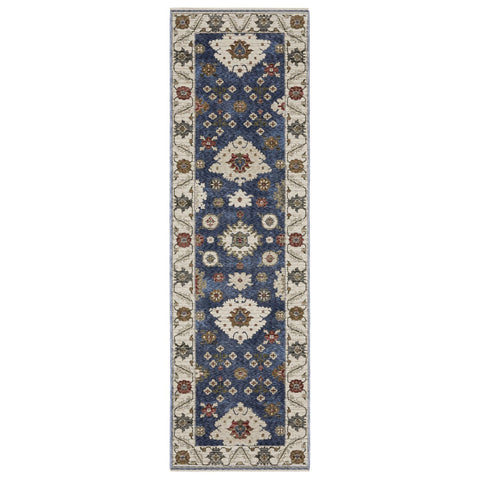 8' Blue And Ivory Floral Runner Rug With Fringe