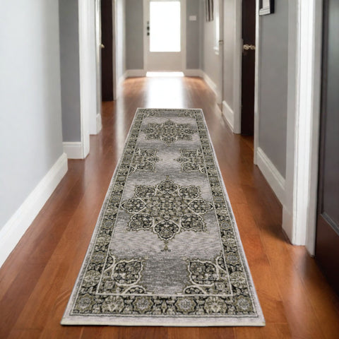 8' Gray And Black Medallion Runner Rug With Fringe