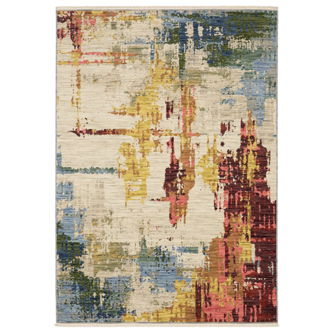 5' X 8' Beige Yellow And Salmon Abstract Area Rug With Fringe