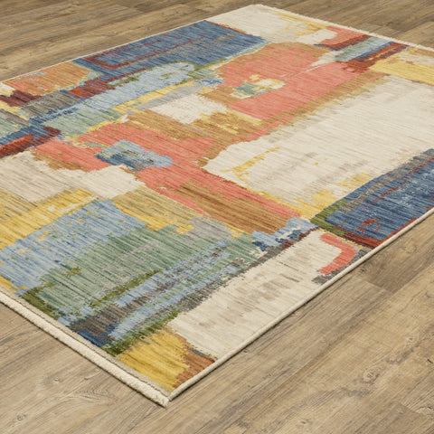 5' X 8' Beige Yellow And Salmon Abstract Area Rug With Fringe