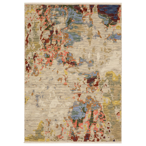 5' X 8' Beige Tan And Light Blue Abstract Area Rug With Fringe