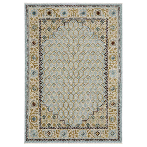 3' X 5' Blue And Gold Oriental Area Rug With Fringe