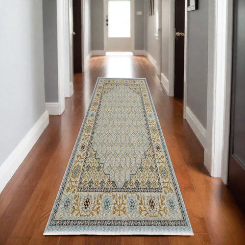 8' Blue And Gold Oriental Runner Rug With Fringe