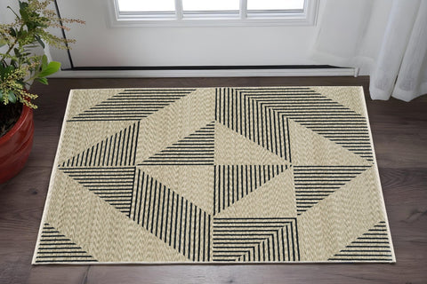 3' X 5' Beige Geometric Area Rug With Fringe