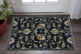 3' X 5' Navy Blue Tan And Teal Oriental Area Rug With Fringe
