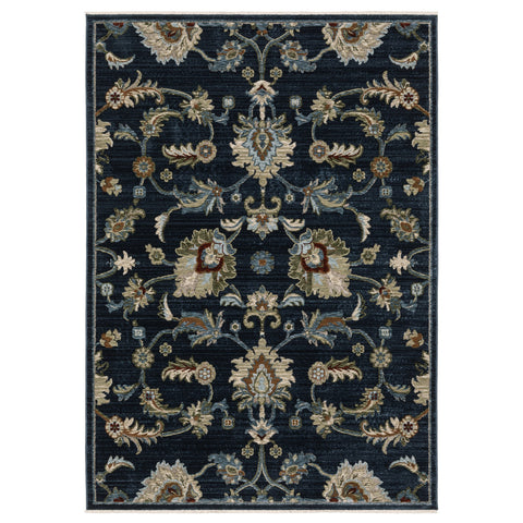 3' X 5' Navy Blue Tan And Teal Oriental Area Rug With Fringe