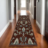 8' Red Teal And Green Oriental Runner Rug With Fringe