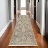 8' Gray And Beige Floral Runner Rug With Fringe