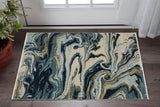 3' X 5' Navy Blue And Teal Abstract Area Rug With Fringe