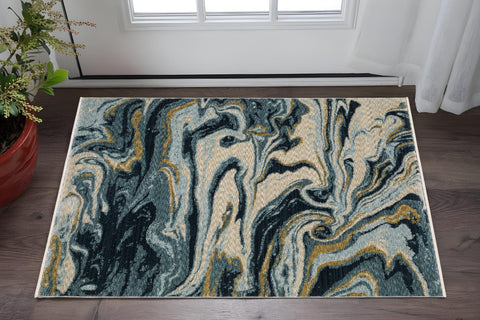 3' X 5' Navy Blue And Teal Abstract Area Rug With Fringe