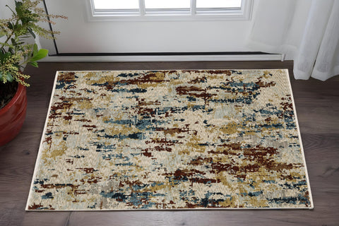 3' X 5' Beige Rust And Tan Abstract Area Rug With Fringe