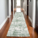 8' Green And Ivory Abstract Runner Rug