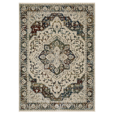 3' X 5' Beige Rust And Blue Medallion Area Rug With Fringe