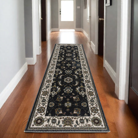 8' Blue And Ivory Oriental Runner Rug With Fringe