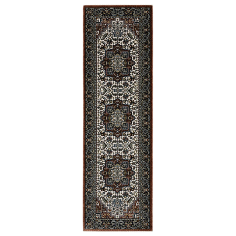 8' Red Black And White Medallion Runner Rug With Fringe