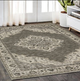 5' X 8' Gray And Beige Medallion Area Rug With Fringe