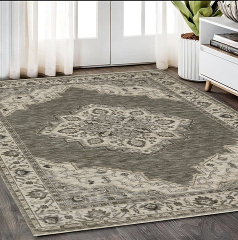 5' X 8' Gray And Beige Medallion Area Rug With Fringe