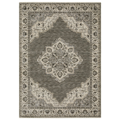 5' X 8' Gray And Beige Medallion Area Rug With Fringe