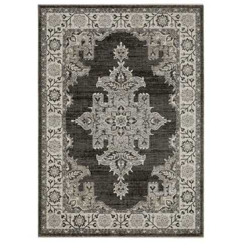 5' X 8' Gray And Beige Medallion Area Rug With Fringe