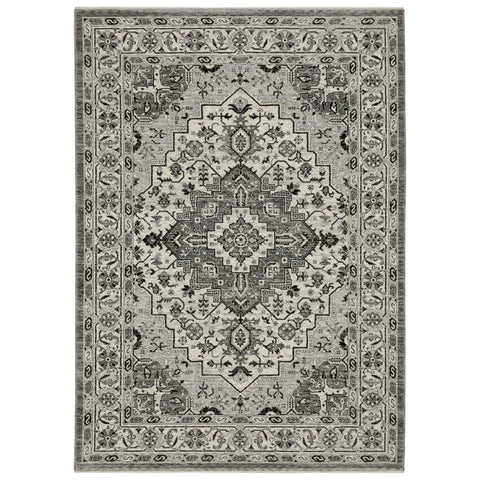 5' X 8' Gray And Ivory Medallion Area Rug With Fringe