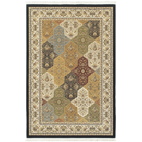5' X 8' Navy Blue Black And White Oriental Area Rug With Fringe