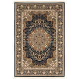 5' X 8' Navy Blue Tan And Black Medallion Area Rug With Fringe