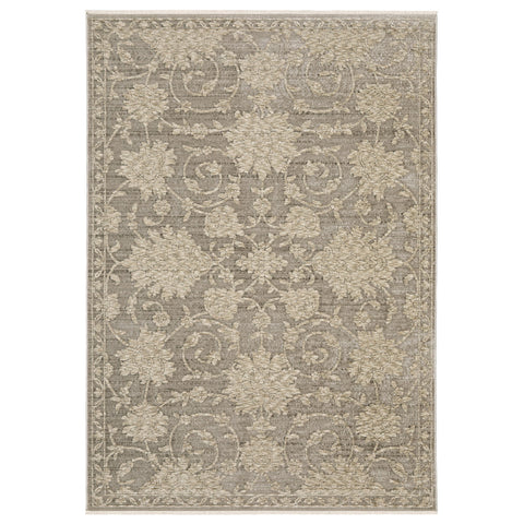 5' X 8' Gray And Beige Floral Area Rug With Fringe