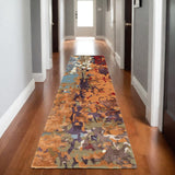 8' Orange Ivory And Teal Abstract Hand Tufted Runner Rug