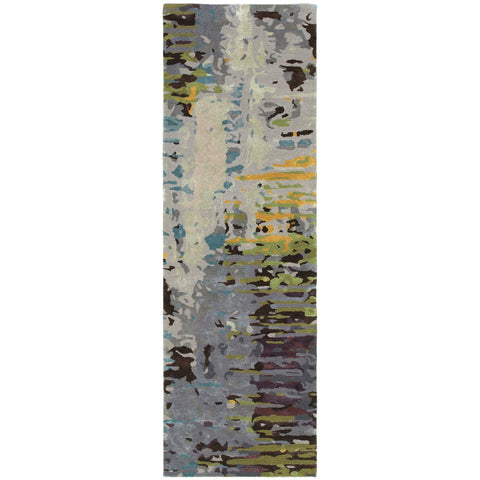 8' Gray Yellow And Black Abstract Hand Tufted Runner Rug