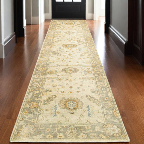 10' Beige And Gray Wool Oriental Hand Knotted Runner Rug