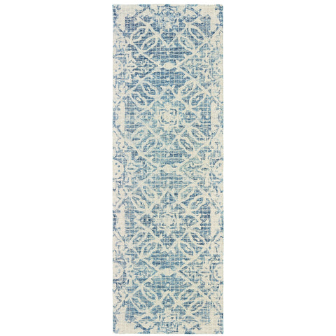 8' Blue And Ivory Wool Geometric Hand Tufted Runner Rug