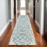 8' Blue And Ivory Wool Geometric Hand Tufted Runner Rug
