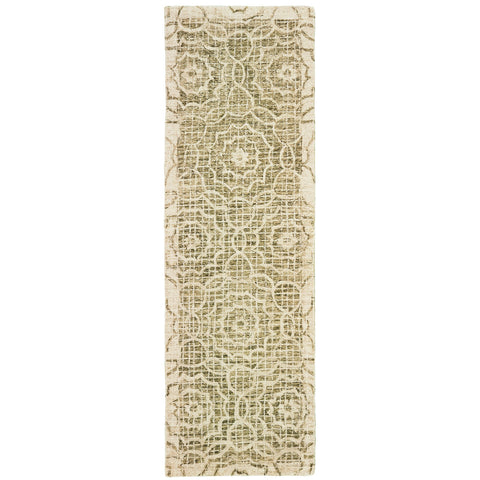 8' Green And Ivory Wool Geometric Hand Tufted Runner Rug