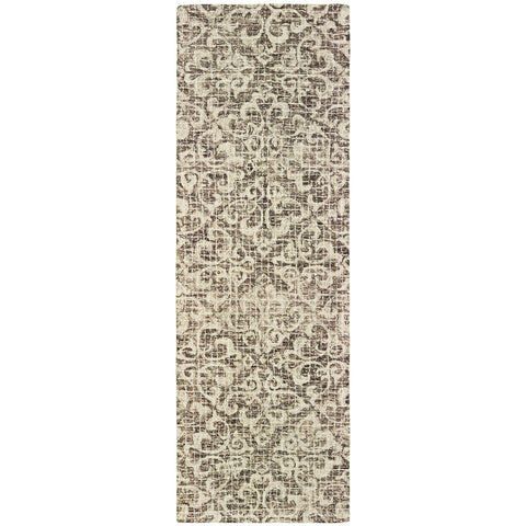 8' Brown And Ivory Wool Floral Hand Tufted Runner Rug