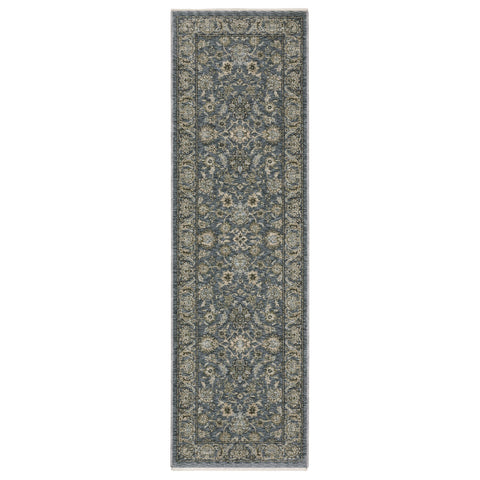 8' Blue And Beige Oriental Runner Rug With Fringe