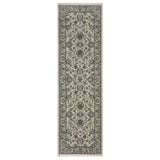 8' Beige And Blue Oriental Runner Rug With Fringe