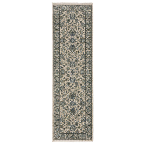 8' Beige And Blue Oriental Runner Rug With Fringe